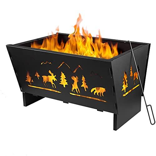 Fire Pit,Wood Fire Pits,Bonfire Pit,Fire Pits for Outside,28 Inch Rectangle Cast Iron Fire Pit for Patio,Backyard with Fire Poker and Metal Grate,Forest Cutout Pattern - CookCave