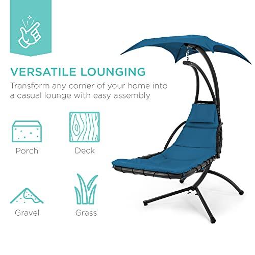 Best Choice Products Outdoor Hanging Curved Steel Chaise Lounge Chair Swing w/Built-in Pillow and Removable Canopy - Peacock Blue - CookCave