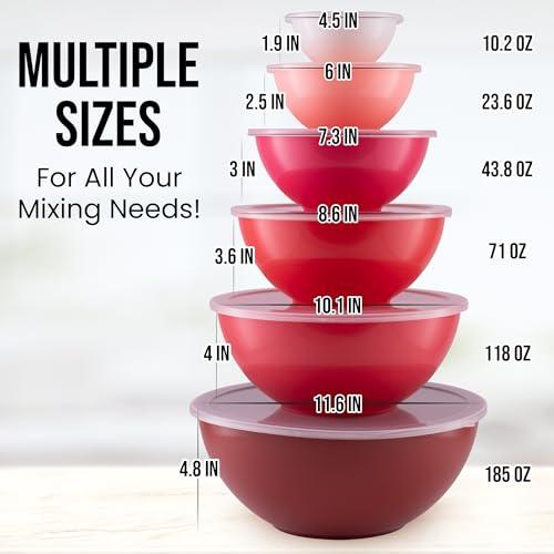 Zulay Kitchen 12 Piece Plastic Mixing Bowls With Lids Set - Colorful Mixing Bowls For Kitchen - Nesting Plastic Mixing Bowl Set With 6 Prep Bowls and 6 Lids - Microwave and Freezer Safe (Red Ombre) - CookCave