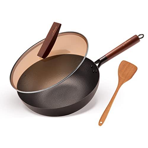 Carbon Steel Wok with Lid and Wooden Spatula, 12.5 Inch Flat Bottom Wok Pan for Gas, Electric, and Induction Stoves, Heat-Resistant Handle and Glass Lid with Stand, Versatile Stir Fry Pan - CookCave