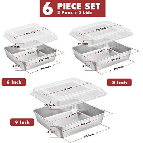 E-far 6/8/9-Inch Square Cake Pan with lid Set, Square Baking Brownie Pans Stainless Steel Bakeware Set of 3, Non-toxic & Healthy, Easy Clean & Dishwasher Safe - 6 Pieces(3 Pans + 3 Covers) - CookCave