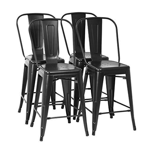 Metal Bar Stool Set of 4 Counter Height Barstool with Back 24 Inches Seat Height Industrial Bar Chairs Patio Stool Stackable Modern Kitchen Stool Indoor Outdoor Metal Bar Stool Kitchen Stools (Black) - CookCave