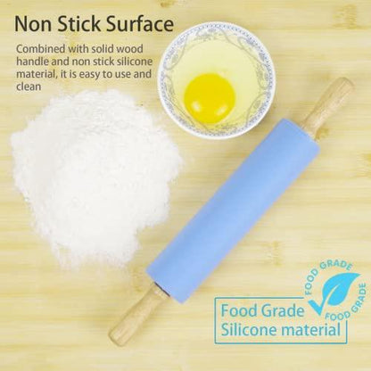 Remeel Silicone Rolling Pin for Baking Non-stick Rolling Pin Dough Roller Wooden Handle Kitchen Accessories Pastry Roller - CookCave