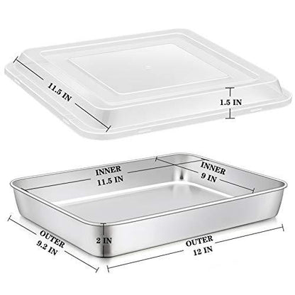 E-far Stainless Steel Baking Pan with Lid, 12⅓ x 9¾ x 2 Inch Rectangle Sheet Cake Pans with Covers Bakeware for Cakes Brownies Casseroles, Non-toxic & Healthy, Heavy Duty & Dishwasher Safe - Set of 2 - CookCave