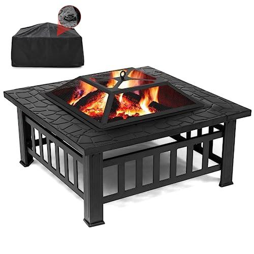 SINGLYFIRE 32 Inch Fire Pit Table for Outside Square Metal Firepit Outdoor Wood Burning Large Steel Bonfire Pit for Patio Backyard Garden with Waterproof Cover,Spark Screen,Log Grate,Poker - CookCave