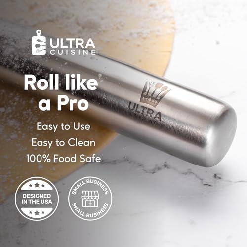 Ultra Cuisine French Rolling Pin for Baking – Use with Pizza, Cookie, and Pastry Dough, Fondant and Pie Crust – Tapered Design Bread Roller Pin, Stainless Steel 15.75-inch Large Roller Pin - CookCave