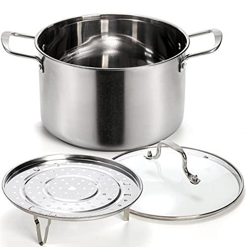 ZENFUN Stainless Steel Stockpot with Steamer Rack, 6 Quart Pot With Glass Lid, Non-stick Soup Pot with Handles, Small Cooking Pot 6 Quart, Sauce Pot, Induction Pot, Silver - CookCave