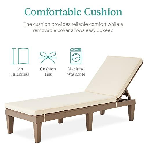 Best Choice Products Outdoor Lounge Chair, Resin Patio Chaise Lounger for Poolside, Backyard, Porch w/Seat Cushion, Adjustable Backrest, 5 Positions, 330lb Capacity - Brown/Ivory - CookCave