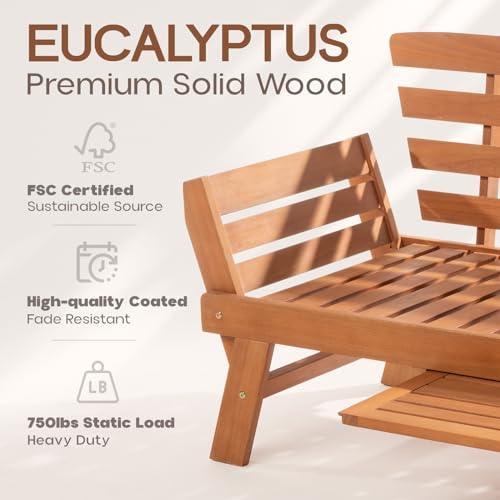 Idzo Amelie Eucalyptus Convertible Outdoor Sofa, 750lbs Capacity Patio Couch with Folding Armrest & Coffee Tray, FSC Certified Wood Furniture Set with 3 Pillows, High Static Load - Gray - CookCave