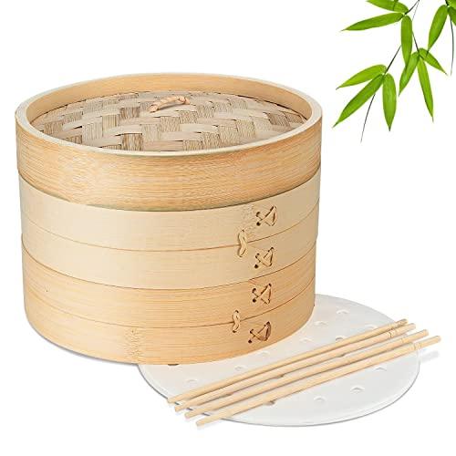 Flexzion Bamboo Steamer Basket Set (10 inch), 50 x Steamer Liners and 2 Pairs of Chopsticks, Steam Baskets for DimSum Dumplings, Rice, Vegetables, Fish and Meat - CookCave