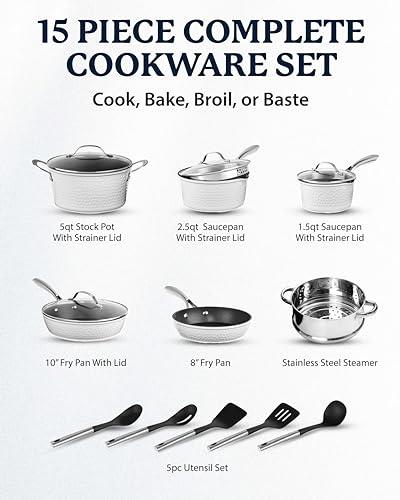 Granitestone 15 Piece Pots and Pans Set Nonstick Cookware Set, Pot and Pan Set, Kitchen Cookware Sets, Induction Cookware Set, Frying Pan Set, Pot Set Induction Cookware, Dishwasher Safe, Cream White - CookCave