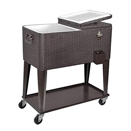 80 Quart Qt Rolling Cooler Ice Chest Beverage Cart, Dark Brown Wicker Faux Rattan Ice Tub Trolley, Portable Outdoor Backyard Patio Deck Party Drink Beverage Bar, Wheels with Shelf & Bottle Opener - CookCave