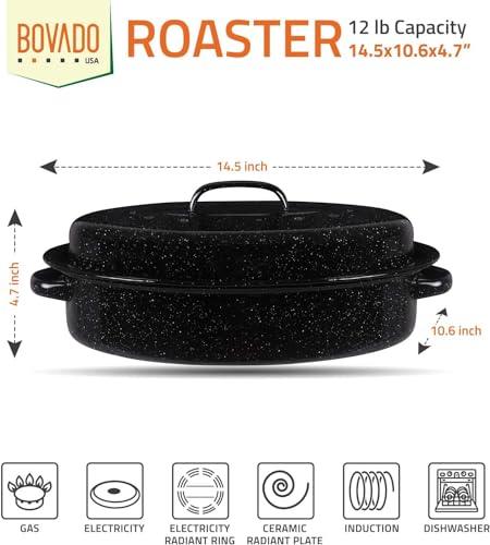 Bovado 15.5" Enamel Oval Turkey Roaster with Lid - 12lb Capacity, Nonstick, Dishwasher Safe - CookCave