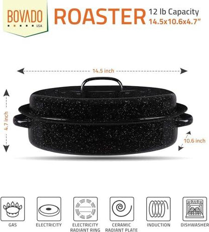 Bovado 15.5" Enamel Oval Turkey Roaster with Lid - 12lb Capacity, Nonstick, Dishwasher Safe - CookCave