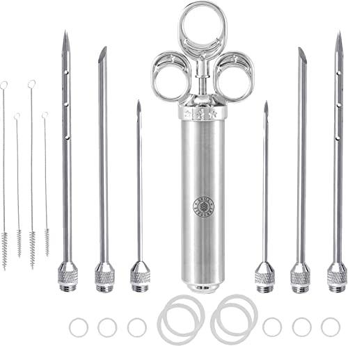 GRILL SERGEANT Professional Meat Injector, Marinade Syringe Set, FOREVER GUARANTEE, Zippered Storage & Travel Case, 304 Stainless Steel, No Aluminum, 6 Needles, 2.5 oz Capacity, 4 Cleaning Brushes - CookCave
