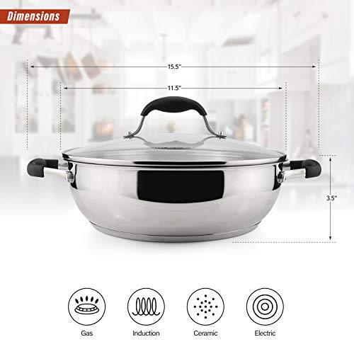AVACRAFT 18/10 Stainless Steel Everyday Pan with Five-Ply Base, Stir Fry Chef’s Saute Pan with Glass Lid, Multipurpose Stewpot Skillet, Casserole in Pots (11 Inch) - CookCave