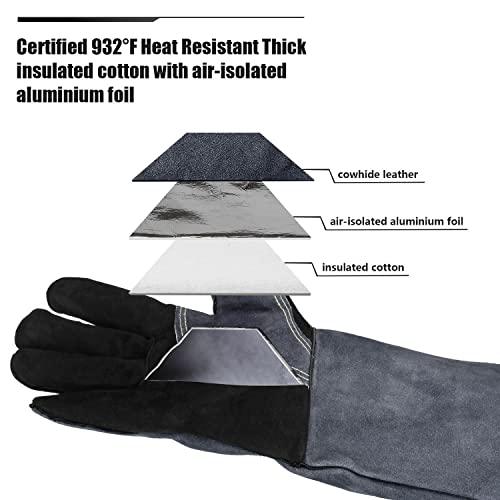 932℉ Grill BBQ Gloves 16-inch Heat Resistant Leather Forge Welding Glove with Flame Retardant Long Sleeve and Insulated Lining for Men and Women Black-Gray - CookCave