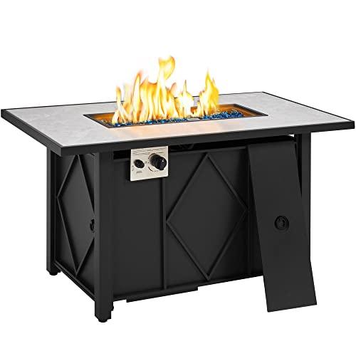 Yaheetech 43 inch Outdoor Propane Gas Fire Pit Table 50,000 BTU Auto-Ignition 2 in 1 Gas Firepit with Ceramic Tabletop, Steel Base, Glass Fire Stones and Water-Resistant Cover, CSA Certification - CookCave