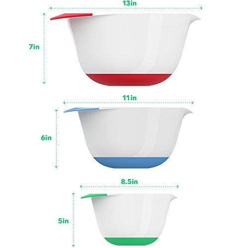 Vremi 3 Piece Plastic Mixing Bowl Set - Nesting Mixing Bowl with Rubber Grip Handles Easy Pour Spout and Non Slip Bottom - Three Sizes Small Large Capacity for Kitchen Baking or Salad - White Multi - CookCave