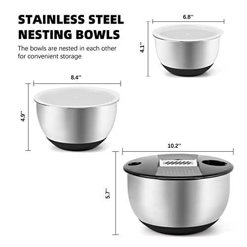 weltonhm Mixing Bowls with Lids Set,Pack of 3 Stainless Steel Nesting Bowls with Grater Airtight Lids Non-Slip Bottoms for Slicing,Shredding,Grating,Mixing,Cooking,Baking(Black) - CookCave