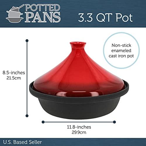 Potted Pans 3.3 QT Enameled Cast Iron and Ceramic Tajine Cooking Pot - Moroccan Tagine Pot Stovetop Tandoori Oven - CookCave
