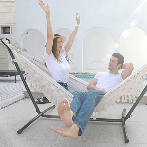 SXSEAGLE Double Hammock with Stand Upgraded Phone Holder Portable Heavy Duty Stainless Steel Indoor Outdoor Patio Yard Beach with Carrying Case （2022 Beige） - CookCave