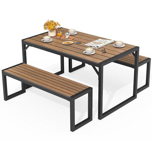 YITAHOME Patio Dining Table and Bench with Faux Wood Tabletop, Outdoor Dining Set for 4-6 People, All-Weather Picnic Conversation Set for Garden Backyard Poolside - Brown - CookCave