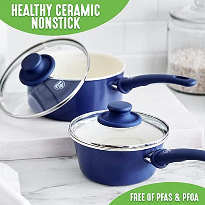 GreenLife Soft Grip Healthy Ceramic Nonstick, 1QT and 2QT Saucepan Pot Set with Lids, PFAS-Free, Dishwasher Safe, Blue - CookCave