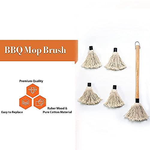 ZaanZeer 18 Inches BBQ Mop with Wooden Handle and 4 Extra Replacement Cotton Fiber Basting Mop Heads for Grilling and Smoking Steak - CookCave