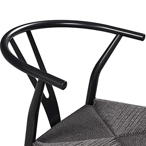 Yaheetech Set of 4 Weave Chair Mid-Century Metal Dining Chair Y-Shaped Backrest Hemp Seat, Large Black - CookCave