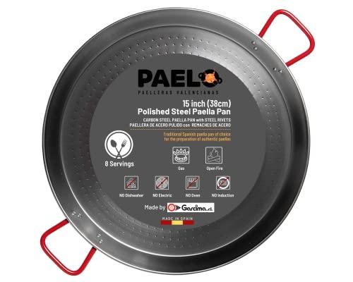 PAELO Polished Steel Paella Pan, 15 inch (38cm) Carbon Steel Pan, Large Professional Grade Paellera Imported From Spain for 8 Servings of Paella Rice, Made by Garcima - CookCave