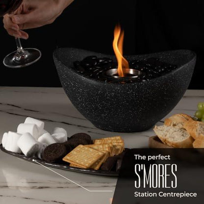 Solacea Table Top Fire Pit Bowl, Portable Fire Bowl Fireplace for Roasting Smores, Concrete Personal Fireplace for Patio, Balcony, Indoor & Outdoor Use (Black) - CookCave