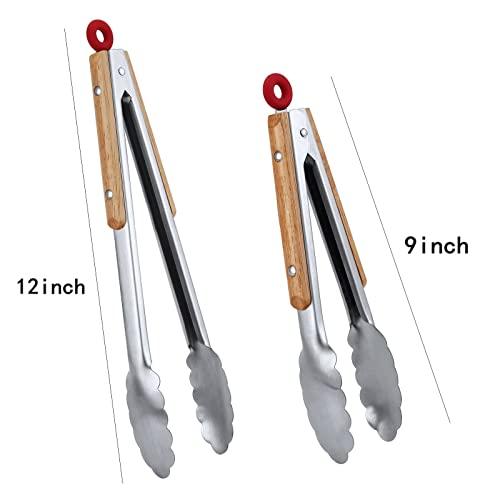 Honsen Stainless Steel Kitchen Tongs Set of 2-9" and 12",Locking Metal Food Tongs with Acacia Wood Grips,Barbecue Tongs for Pans and BBQ - CookCave