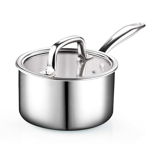 Cook N Home Stainless Steel Saucepan 3 Quart, Tri-Ply Full Clad Sauce Pan with Glass Lid, Silver - CookCave
