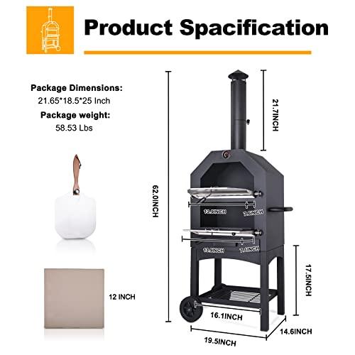 Vonzoy Wood Fired Outdoor Pizza Oven with Waterproof Cover, Pizza Stone and Peel, Wood Burning Pizza Oven with 2 Wheels for Outside - CookCave