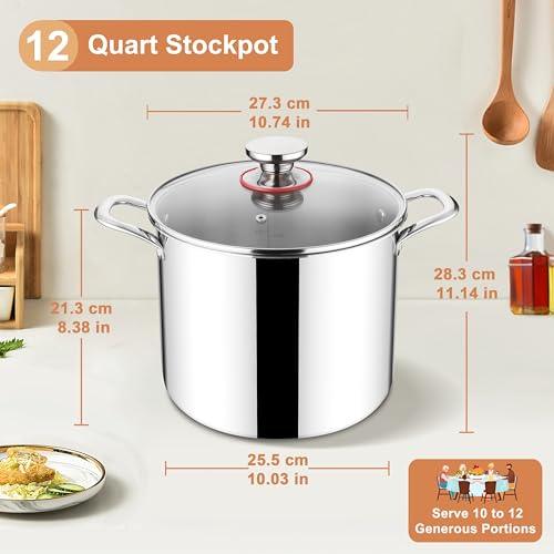 Herogo 12 QT Stock Pot, Tri-ply 18/10 Stainless Steel Cooking Pot with Lid, 12 Quart Large Metal Pasta Pot for Cooking Chicken Soup, Big Stockpot for Induction Gas Electric Stove, Dishwasher Safe - CookCave