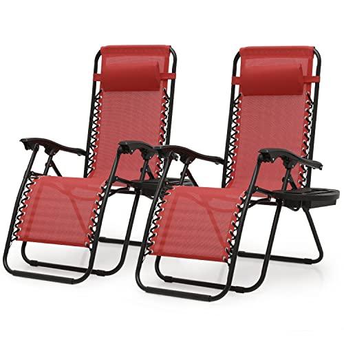 MoNiBloom Folding Beach Lounge Chair 2-Pack, Chaise Lounge with Pillow & Cup Holder, Portable Outside Patio Recliner for Poolside Beach Vacation, 330lbs Capacity, Maroon - CookCave