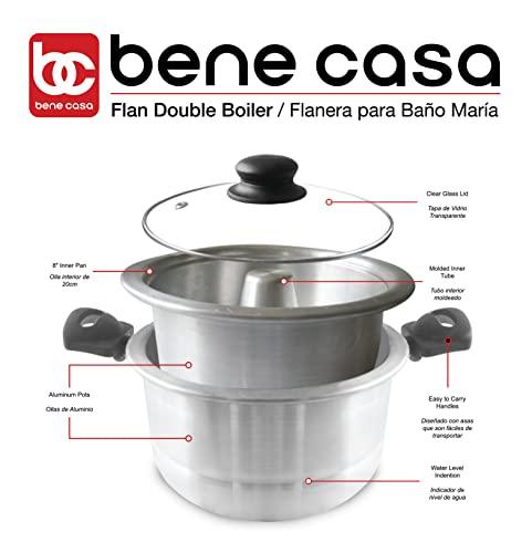 Bene Casa - Aluminum Flan Mold Double Boiler with Glass Lid (1.6 Liter) - Includes Aluminum Inner Pan (8") - Dishwasher Safe - CookCave