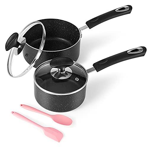 HooJay Nonstick Saucepan Set with Lid, Non Stick 1Qt & 2Qt Sauce Pan Set with Glass Lid Small Pot for Home Kitchen,Black - CookCave