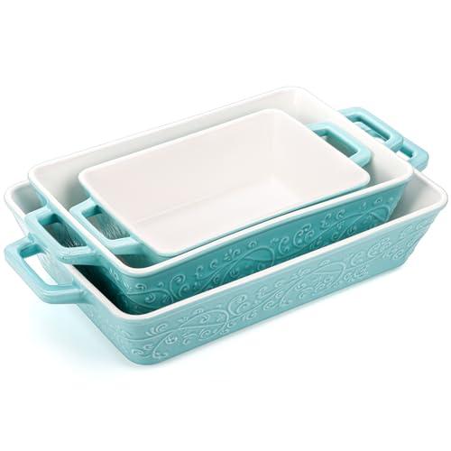 Okllen Set of 3 Casserole Dishes for Oven, Ceramic Baking Dishes with Handles, Rectangular Lasagna Pan Bakeware Set for Baking Cooking, Roasting, Broiling, Gratin, Wedding & Housewarming Gift, Blue - CookCave