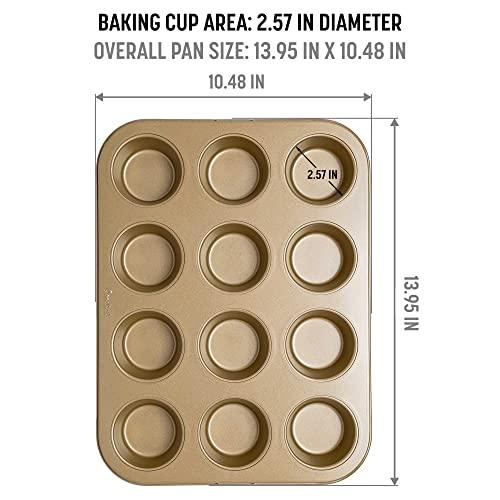 Goodful Nonstick Muffin Pan Set, Heavy Duty Carbon Steel with Quick Release Coating, Made without PFOA, Dishwasher Safe, 2-Pack Bakeware Set, 12-Cup, Champagne Gold - CookCave