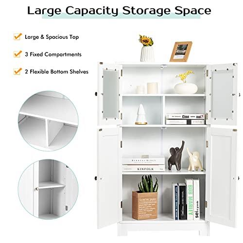 HAPPYGRILL Bathroom Storage Cabinet with Adjustable Shelf, Bathroom Cabinets Freestanding with Anti-toppling Device, Bathroom Floor Cabinet w/Tempered Glass Doors for Kitchen Dining Room Living Room - CookCave