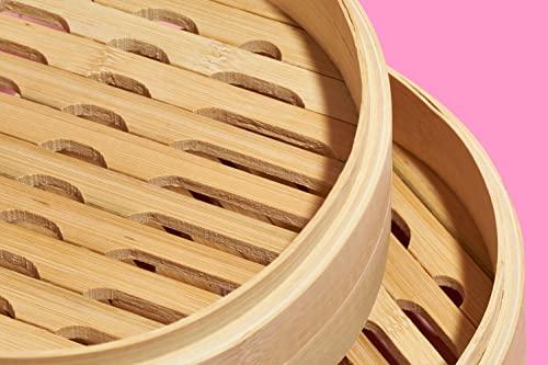 Reishunger Bamboo Steamer Handmade Basket, Traditional 2-Tier Design - 8 Inch - for Dumplings, Rice, Dim Sum, Vegetables, Fish and Meat - Incl. 2 Cotton Cloths - CookCave