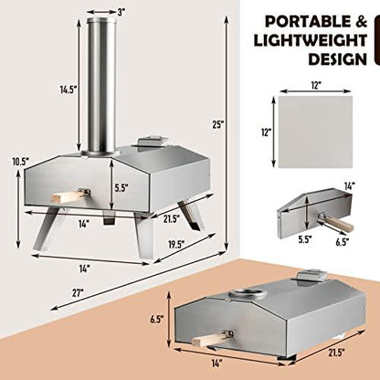 Giantex Outdoor Pizza Oven with 12'' Pizza Stone, Foldable Legs, Portable Stainless Steel Pizza Maker for Outside, Wood Pellet Fired Pizza Oven for Camping Picnic Backyard Family Gathering - CookCave