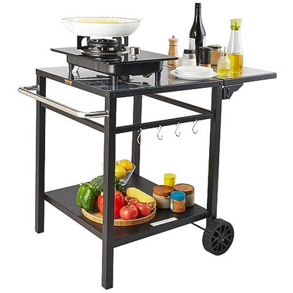 VEVOR Outdoor Grill Dining Cart with Double-Shelf, BBQ Movable Food Prep Table, Multifunctional Foldable Iron Table Top, Portable Modular Carts for Pizza Oven, Worktable with 2 Wheels, Carry Handle - CookCave