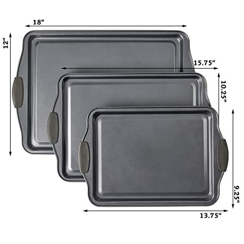 Non-Stick Baking Sheet Set 3 Pcs for Cookies & More, Heavy-Duty Aluminum Baking Sheets with Gray Silicone Handles - CookCave