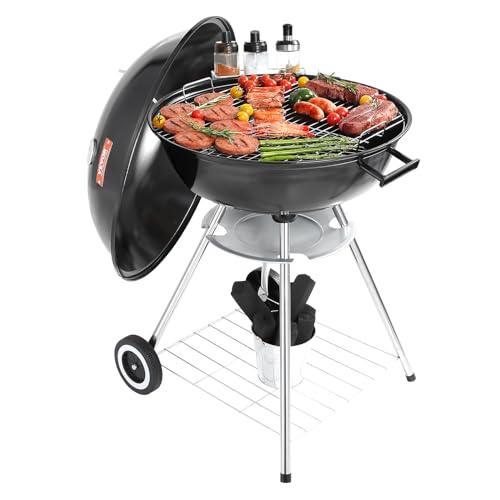 VEVOR 22 inch Charcoal Grill, Portable Charcoal Grill with Wheels for Outdoor, Porcelain-Enameled Lid and Ash Catcher & Thermometer, Round Barbecue Kettle Grill Bowl Wheels for Small Patio Backyard - CookCave