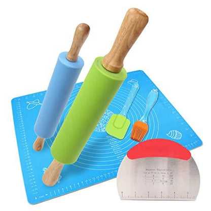 Ewinever 1Set Rolling Pin Pastry Mat Set Non-Stick 6 in 1 Dough Roller Baking Kit with Pastry Cutter Reusable Kneading Mat Scraper Basting Brush - CookCave