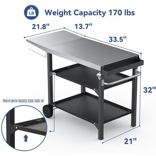 Skyflame Movable Outdoor Dining Cart Table, Three-Shelf Stainless Steel BBQ Grill Cart, Multifunctional Food Prep Flattop Worktable on Wheels for Kitchen, Pizza Oven, Patio Grilling Backyard - CookCave