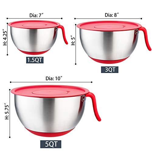 P&P CHEF Mixing Bowls with Lids, Stainless Steel Mixing Bowl Set for Kitchen Mix Cook Bake Prep, With Long Handle, Pour Spout, Non-slip Base, Grater Attachments, Functional Lids -1.5/3/5 QT (Red) - CookCave